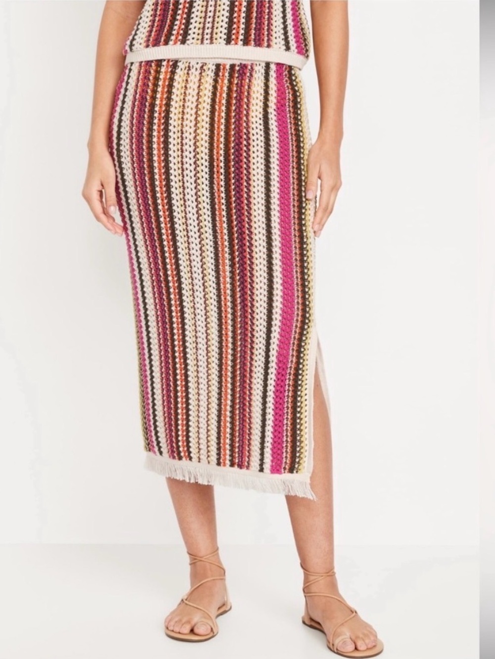 Old Navy Open-Stitch Midi Skirt NWT XL Multi Stripe Vacation Cover Up Beach Boho